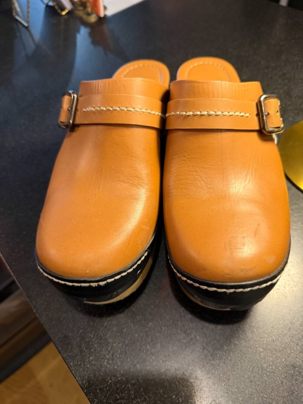 Prada Wooden Platform Clog Mules Tan Leather Studded EU 40.5 US 9.5
